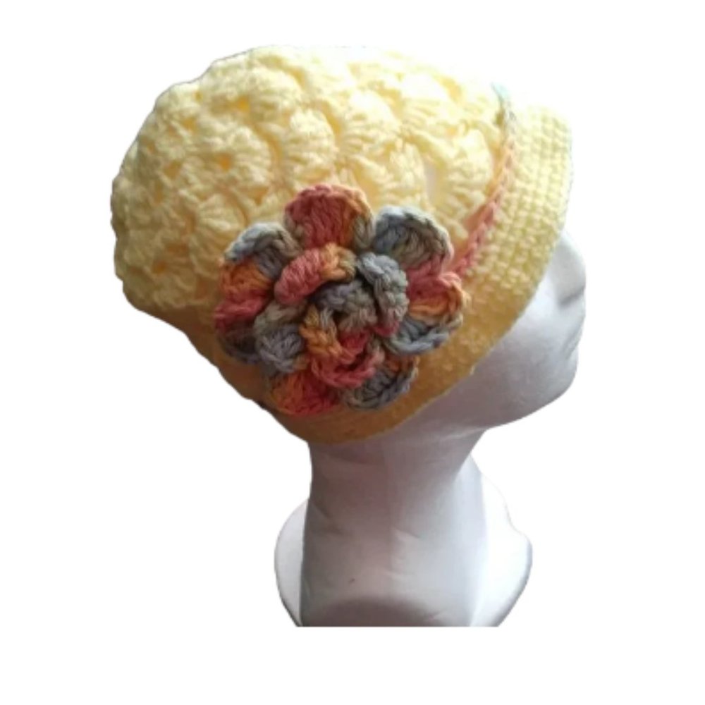 Handmade yarn cap, Yellow Color with Colored Flower